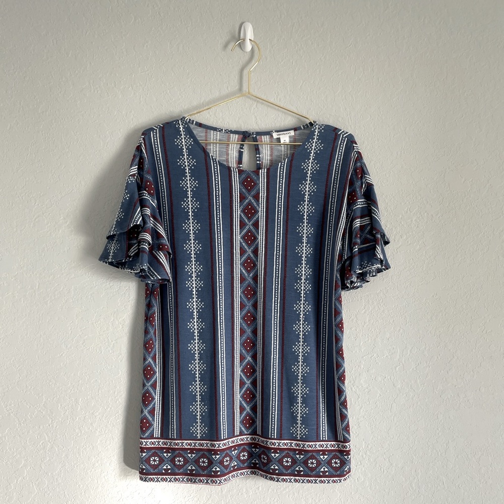 {Westport} Ruffle Sleeve Aztec Print Blouse